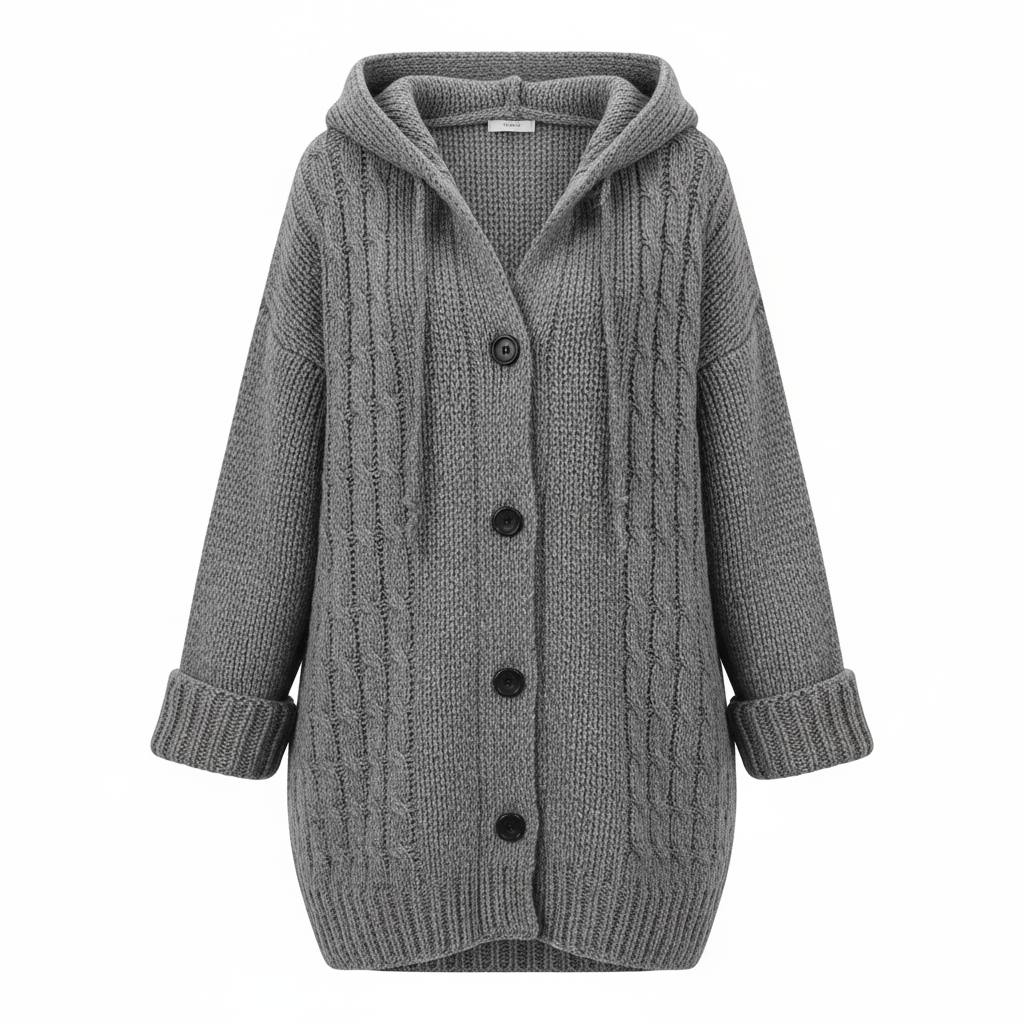 Women's Chunky-Knit Wool Blend Winter Coat Cardigan with Button Closure and Deep Pockets