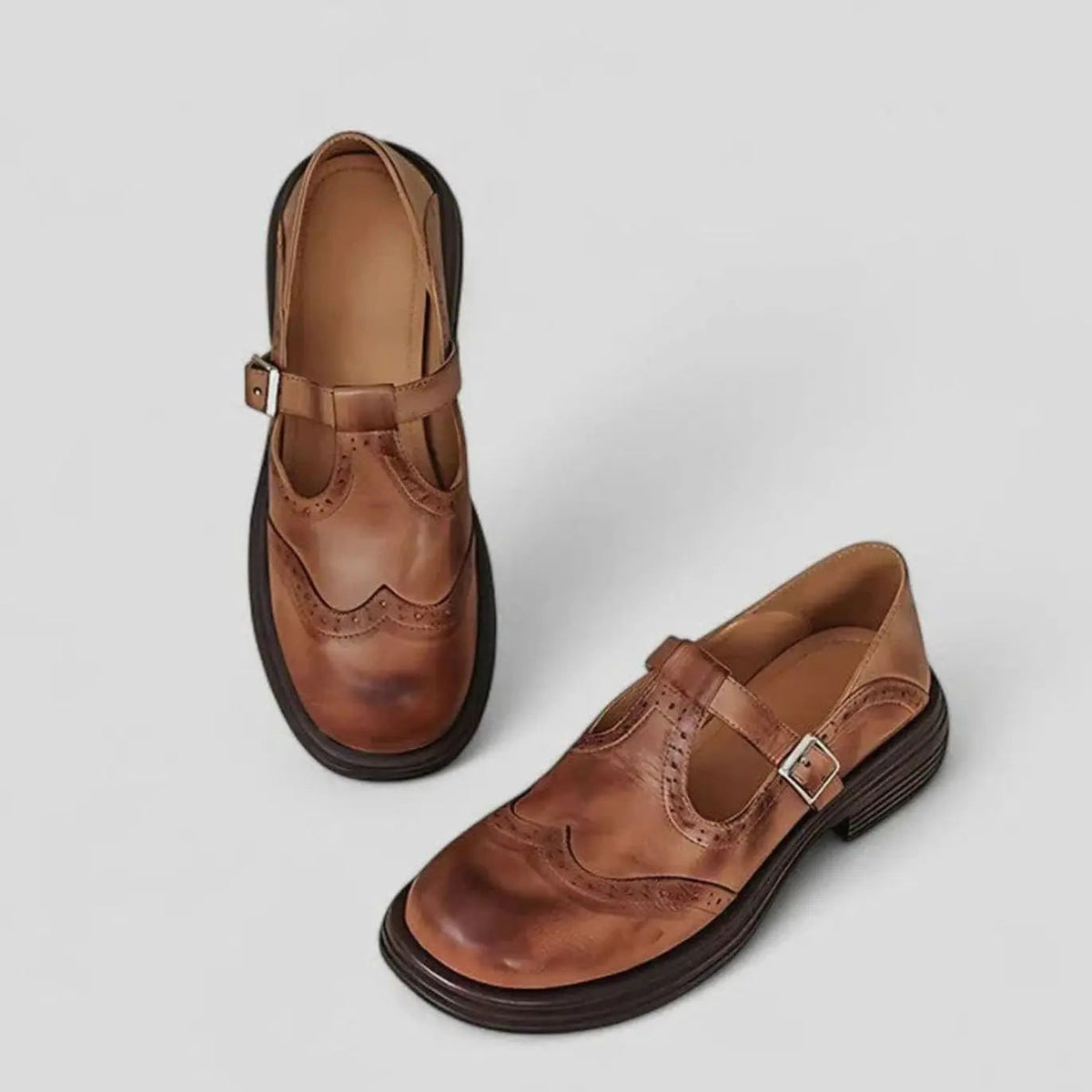 Women's Classic Brogue Leather T-Bar Flat Mary Jane Shoes