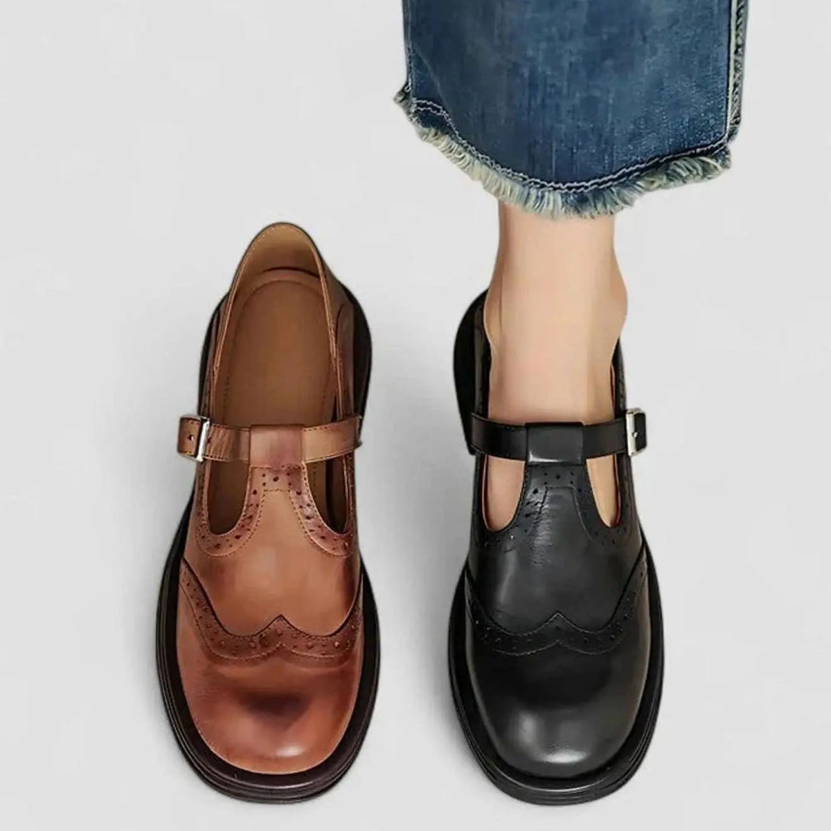 Women's Classic Brogue Leather T-Bar Flat Mary Jane Shoes