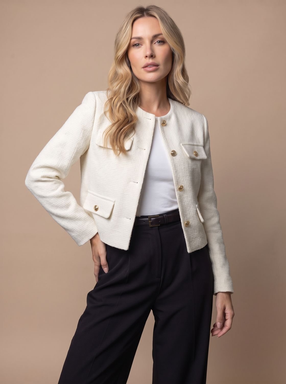 Women's Collarless Cropped Tweed Blazer with Gold Buttons and Flap Pockets