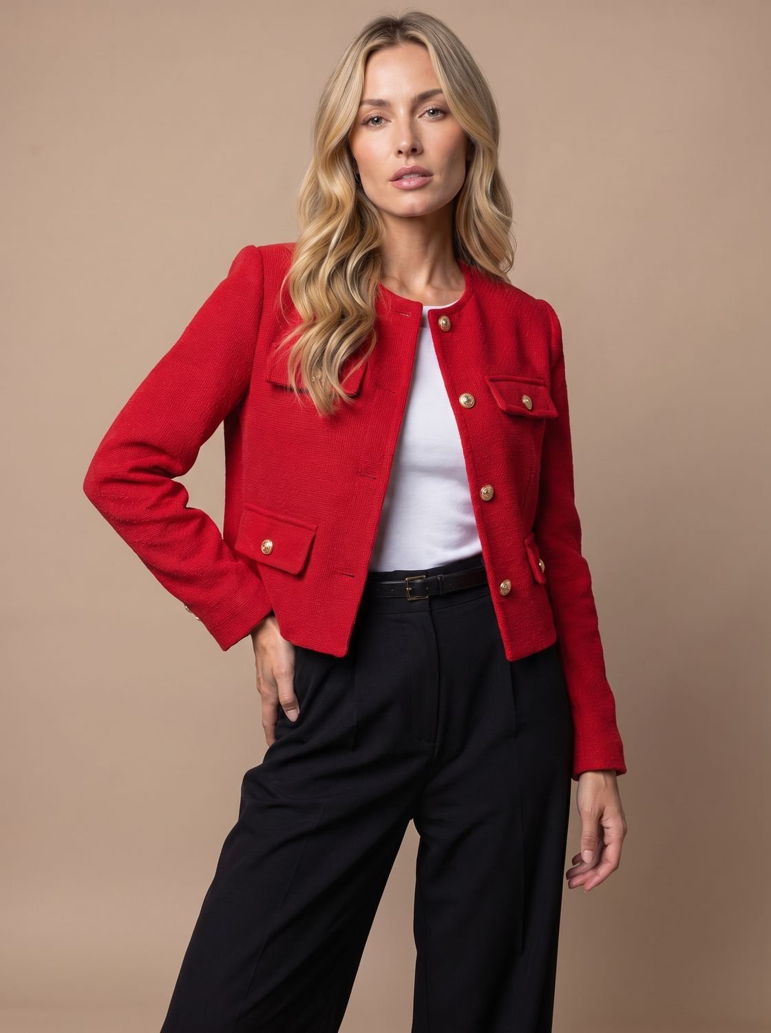 Women's Collarless Cropped Tweed Blazer with Gold Buttons and Flap Pockets