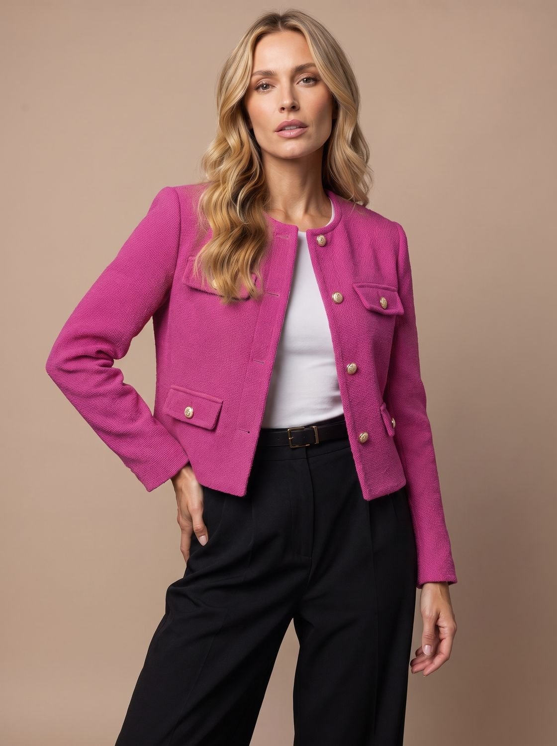 Women's Collarless Cropped Tweed Blazer with Gold Buttons and Flap Pockets