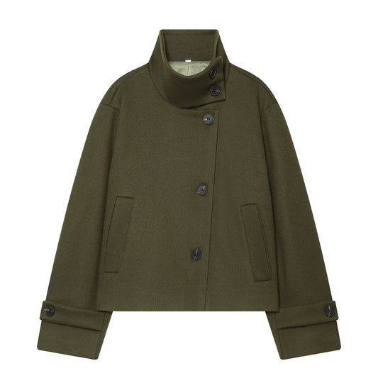 Women's Cropped Wool Coat with High Stand Collar, Button Cuffs and Pockets