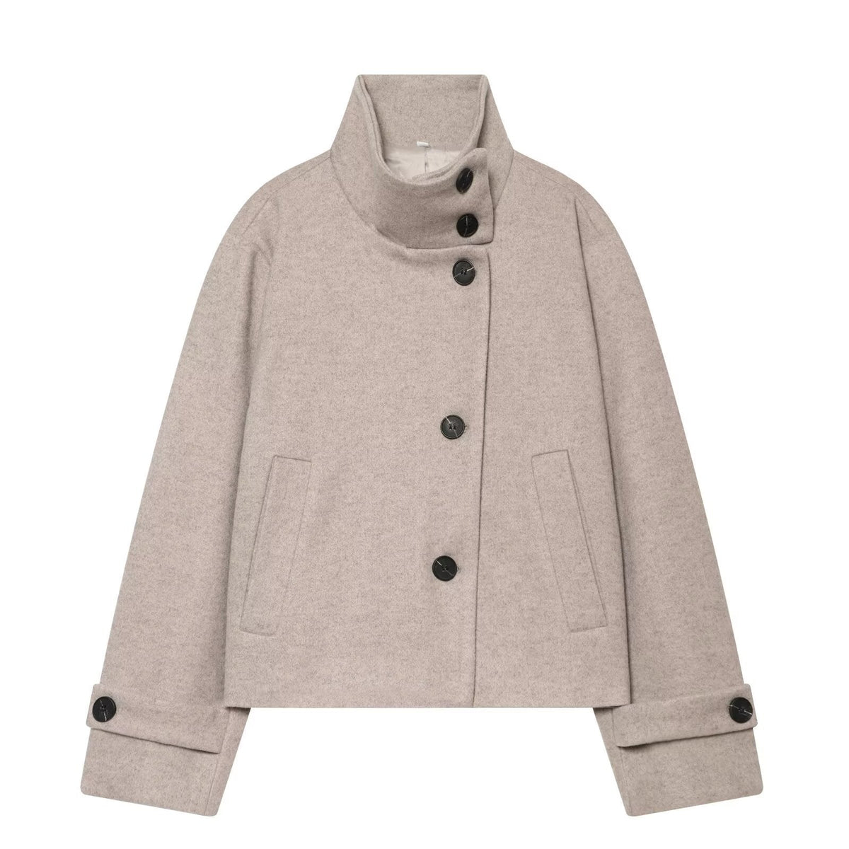 Women's Cropped Wool Coat with High Stand Collar, Button Cuffs and Pockets