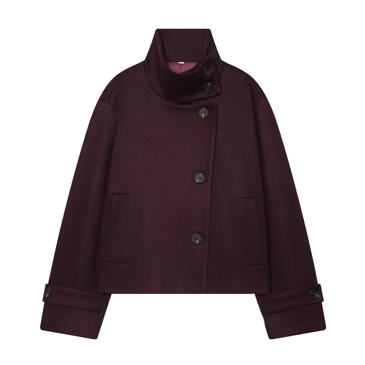Women's Cropped Wool Coat with High Stand Collar, Button Cuffs and Pockets