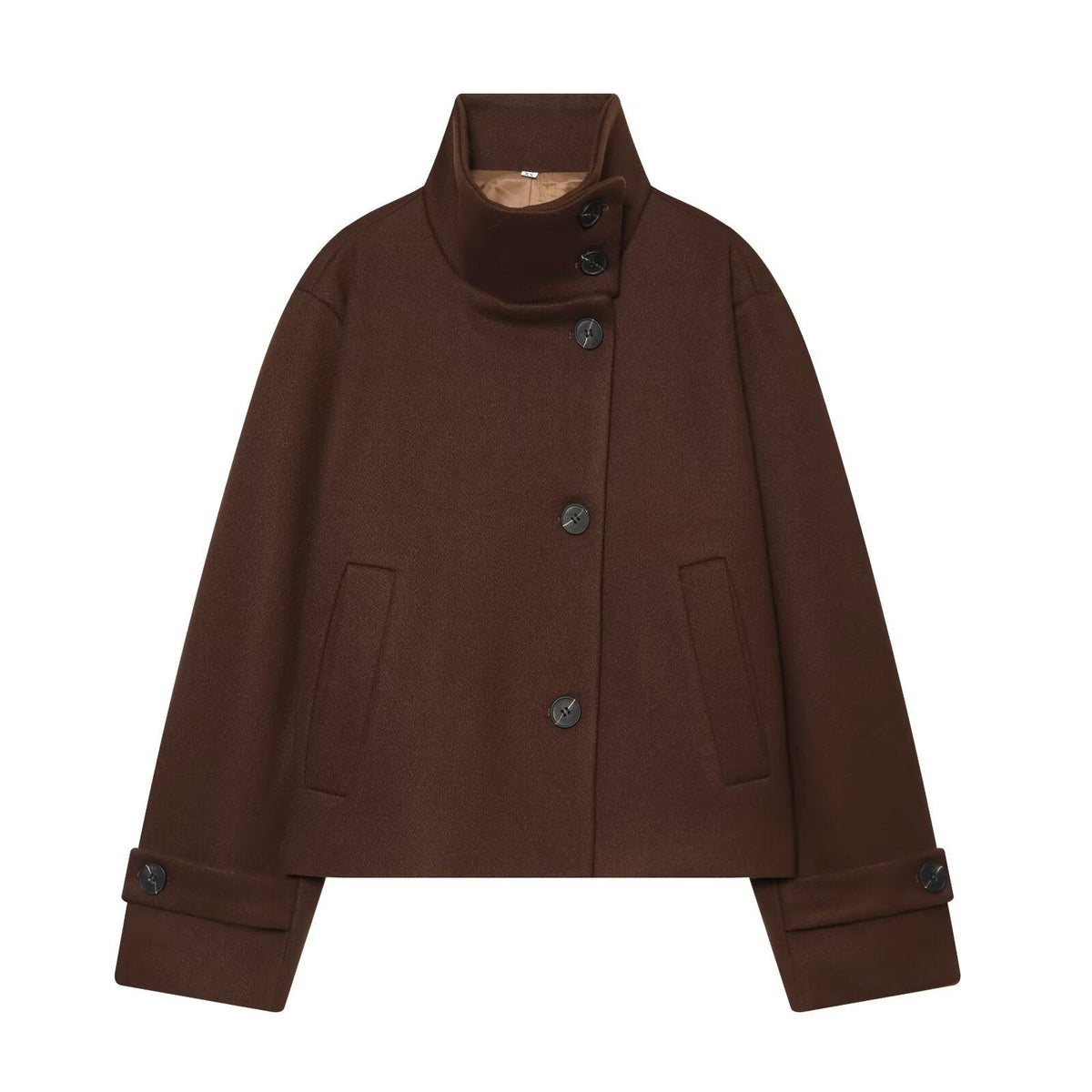Women's Cropped Wool Coat with High Stand Collar, Button Cuffs and Pockets