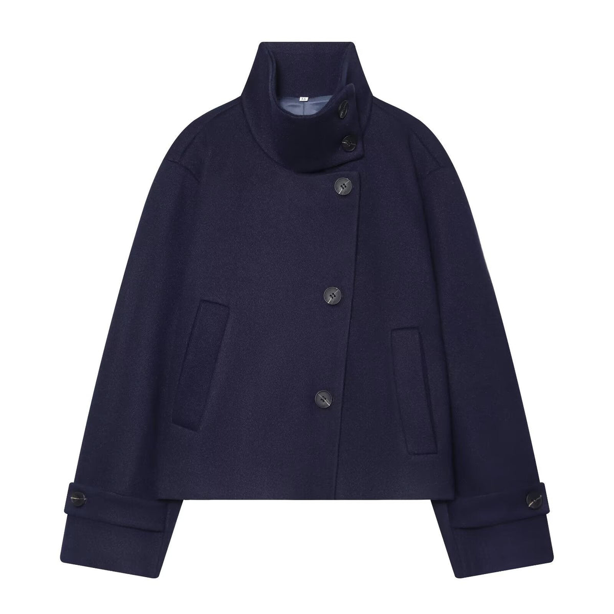 Women's Cropped Wool Coat with High Stand Collar, Button Cuffs and Pockets