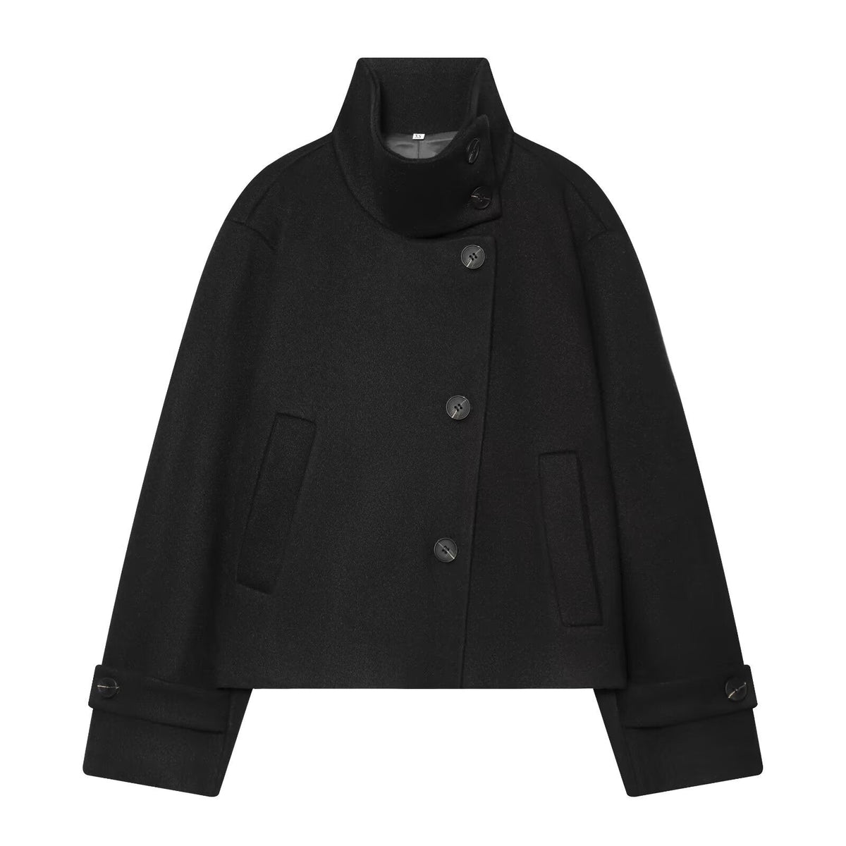 Women's Cropped Wool Coat with High Stand Collar, Button Cuffs and Pockets