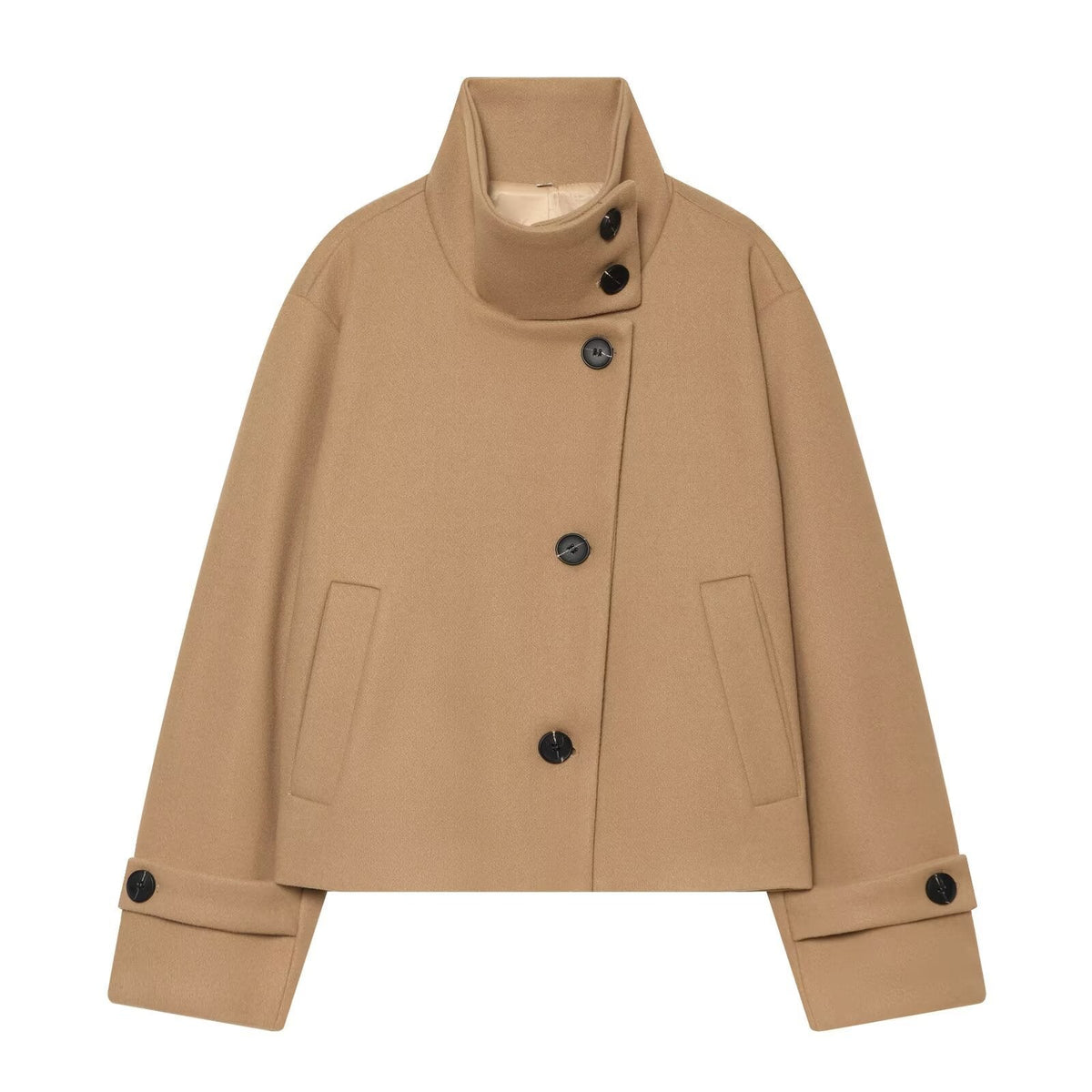 Women's Cropped Wool Coat with High Stand Collar, Button Cuffs and Pockets