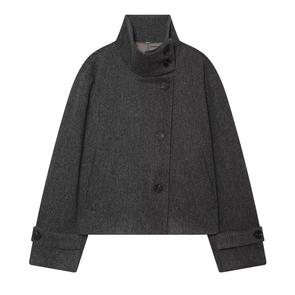 Women's Cropped Wool Coat with High Stand Collar, Button Cuffs and Pockets