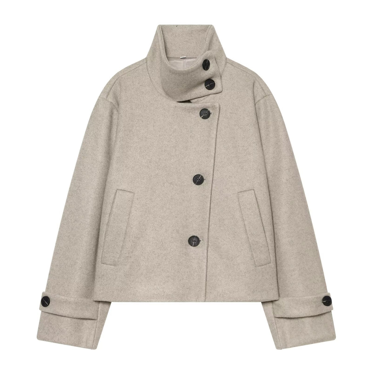 Women's Cropped Wool Coat with High Stand Collar, Button Cuffs and Pockets