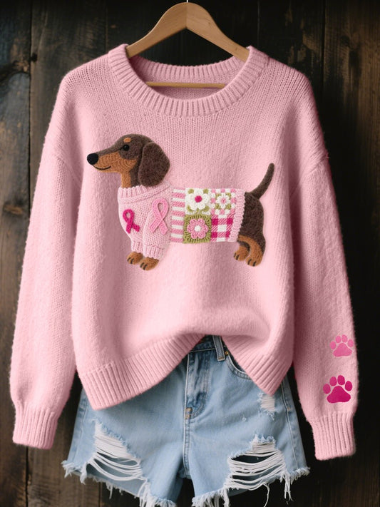 Women's Dachshund Patchwork Knit Relaxed Pullover Sweater