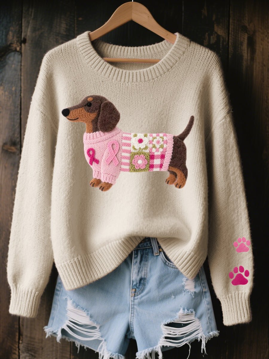 Women's Dachshund Patchwork Knit Relaxed Pullover Sweater