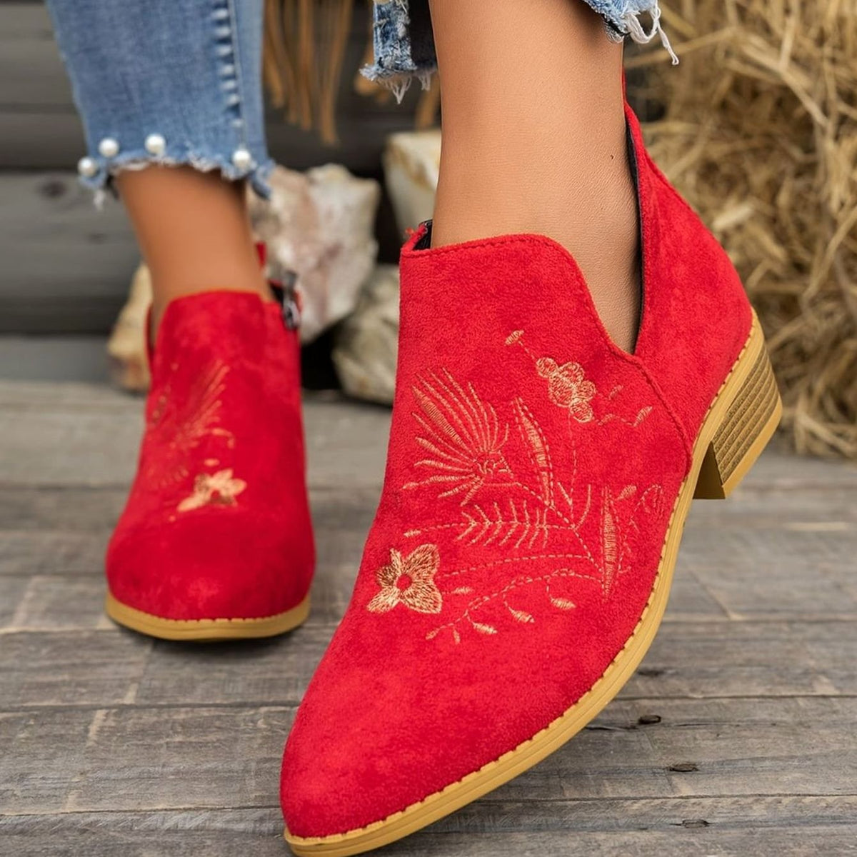 Women's Embroidered Low-Heel Pointed-Toe Ankle Boots