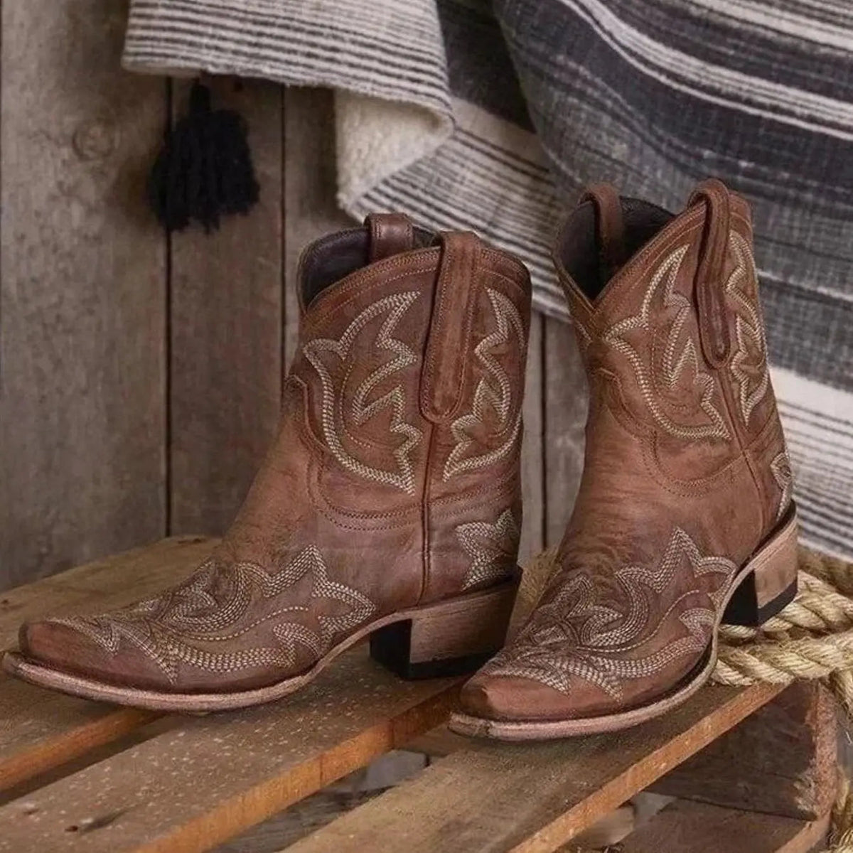 Women's Embroidered Western Cowboy Ankle Boots with Block Heel