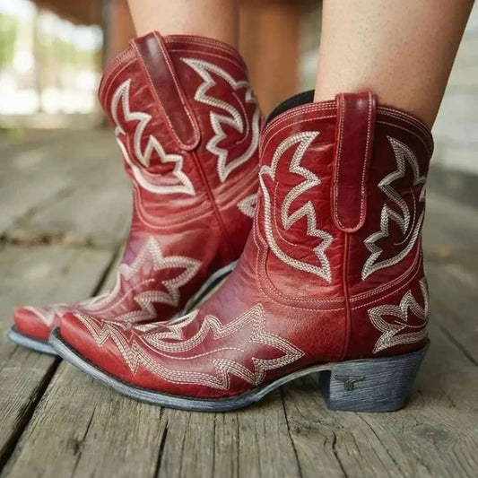 Women's Embroidered Western Cowboy Ankle Boots with Block Heel