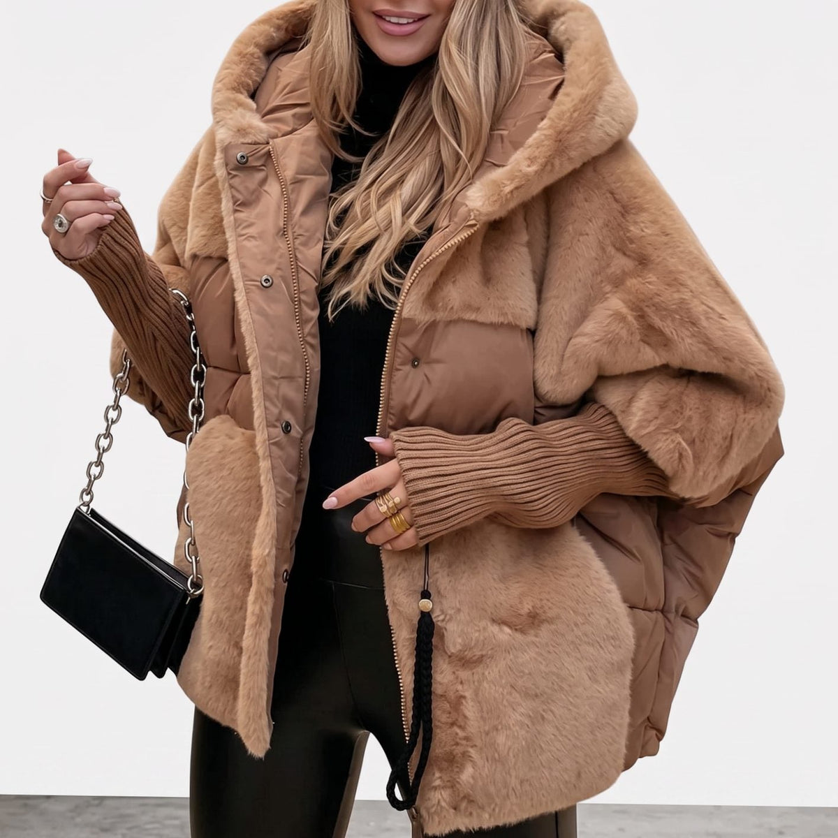 Women's Faux Fur Quilted Plush Hooded Coat