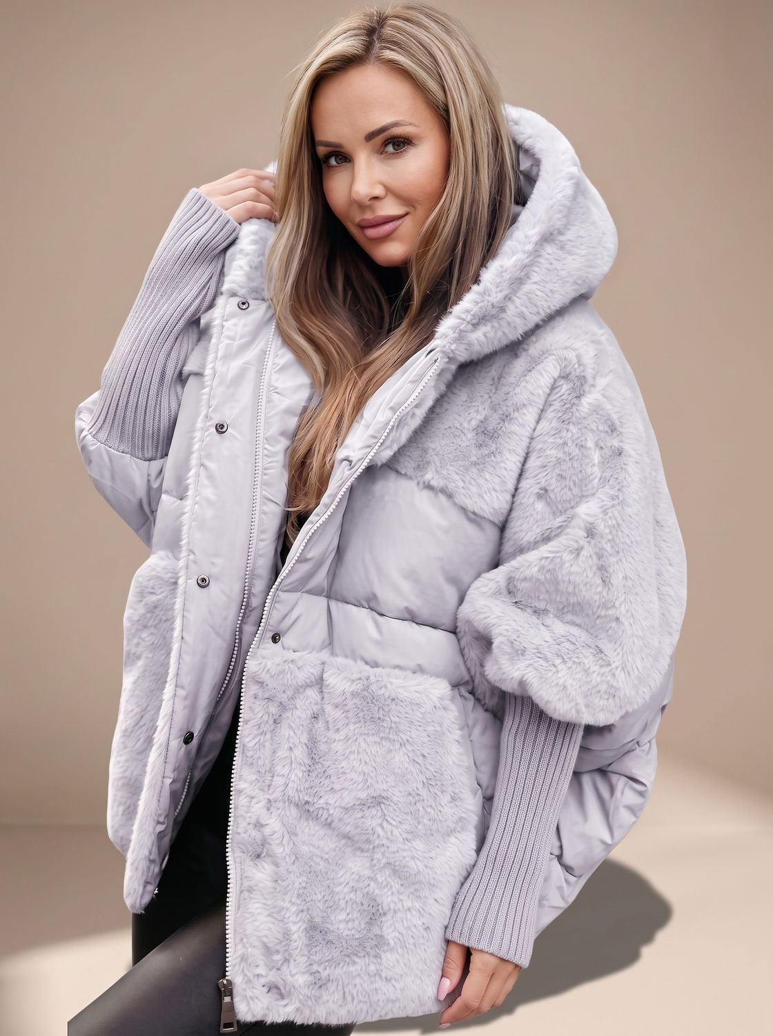 Women's Faux Fur Quilted Plush Hooded Coat