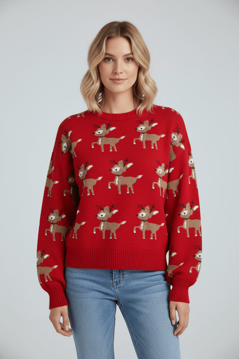 Women's Festive Jacquard Knit Sweater – Oversized Winter Pullover with Reindeer Pattern