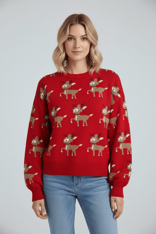 Women's Festive Jacquard Knit Sweater – Oversized Winter Pullover with Reindeer Pattern