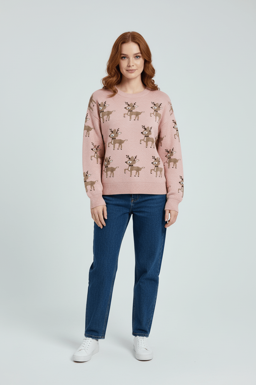 Women's Festive Jacquard Knit Sweater – Oversized Winter Pullover with Reindeer Pattern