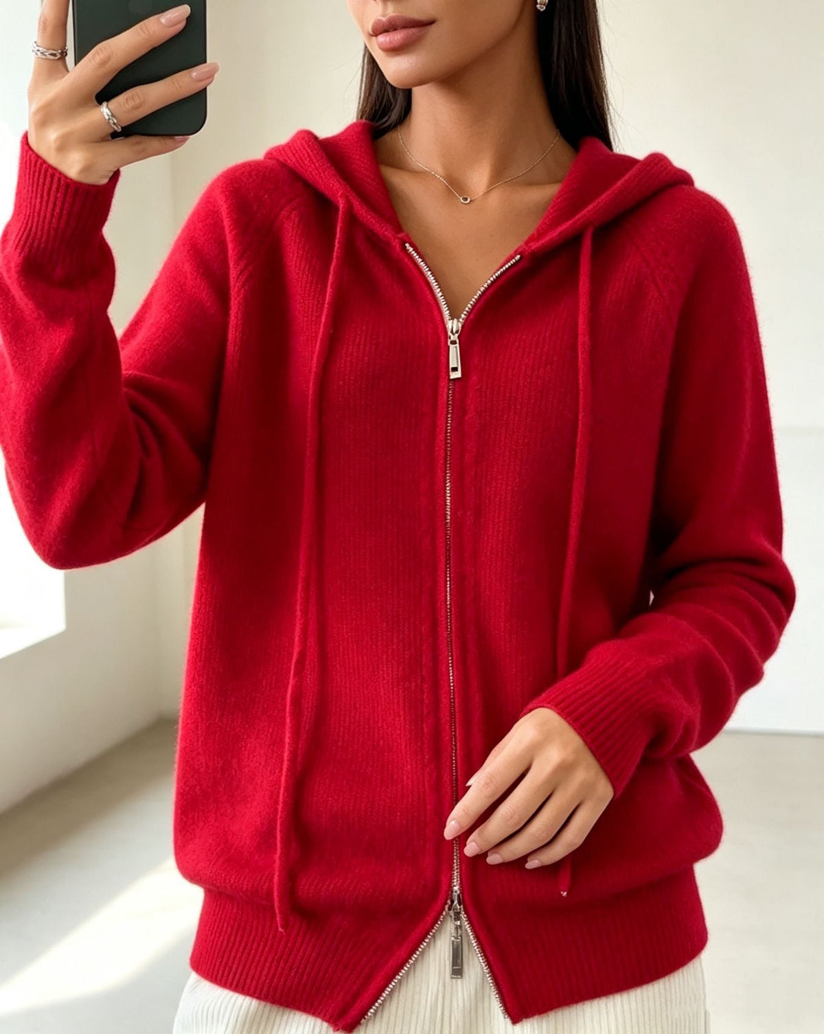 Women's Fine Knit Zip-Up Hooded Cardigan with Ribbed Cuffs