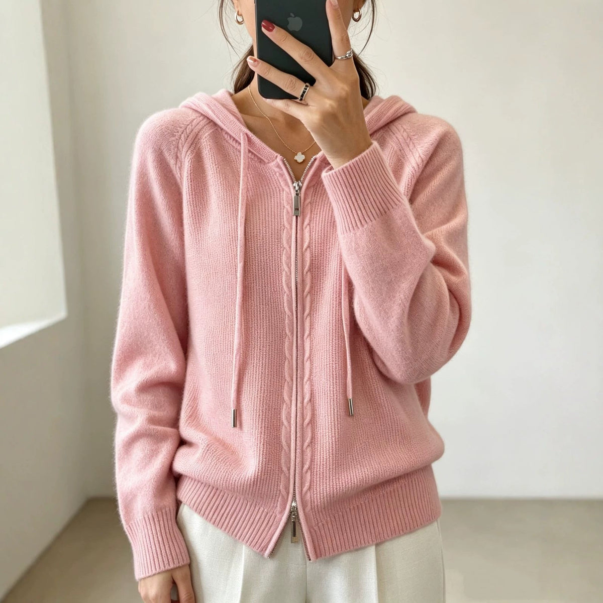 Women's Fine Knit Zip-Up Hooded Cardigan with Ribbed Cuffs