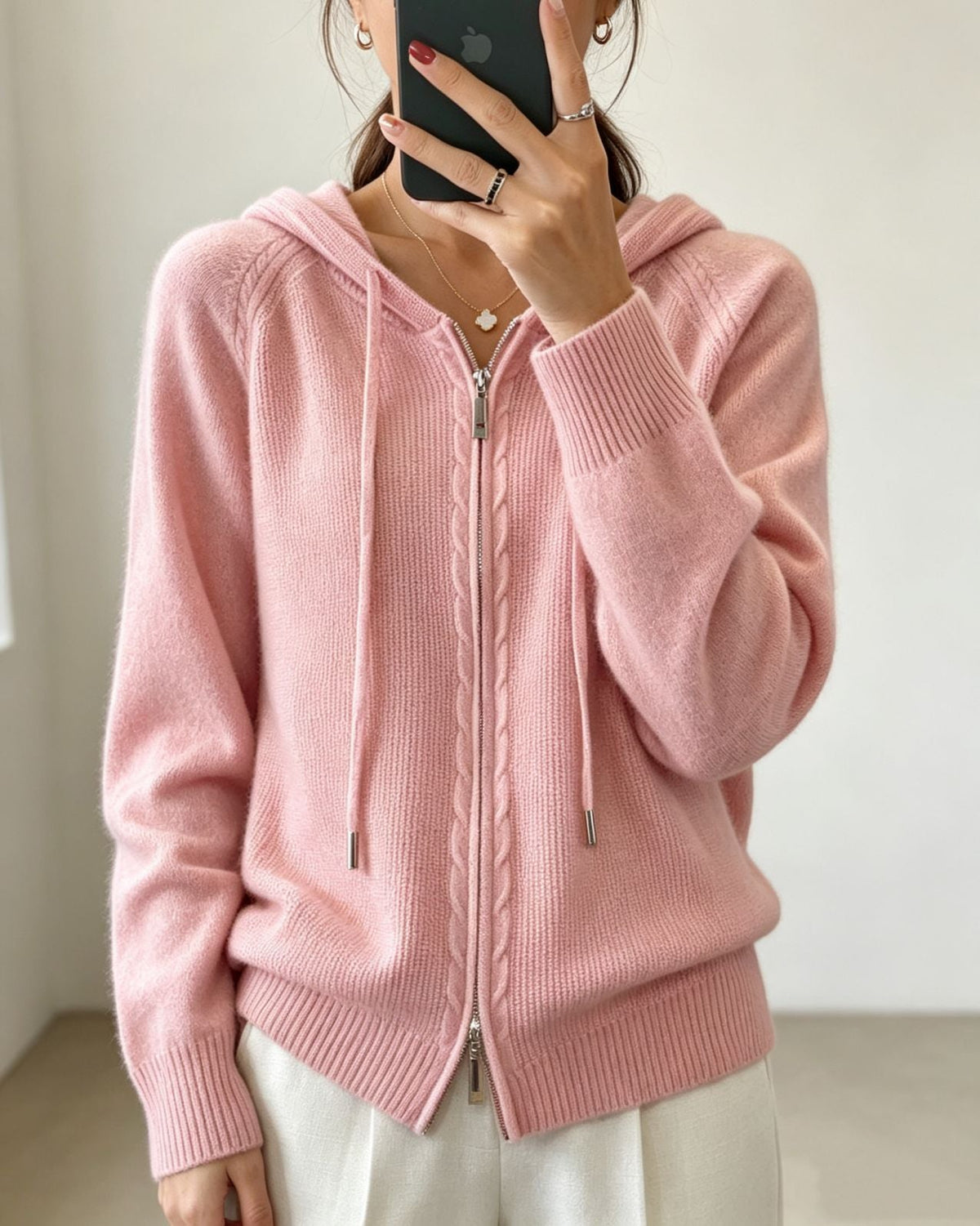 Women's Fine Knit Zip-Up Hooded Cardigan with Ribbed Cuffs