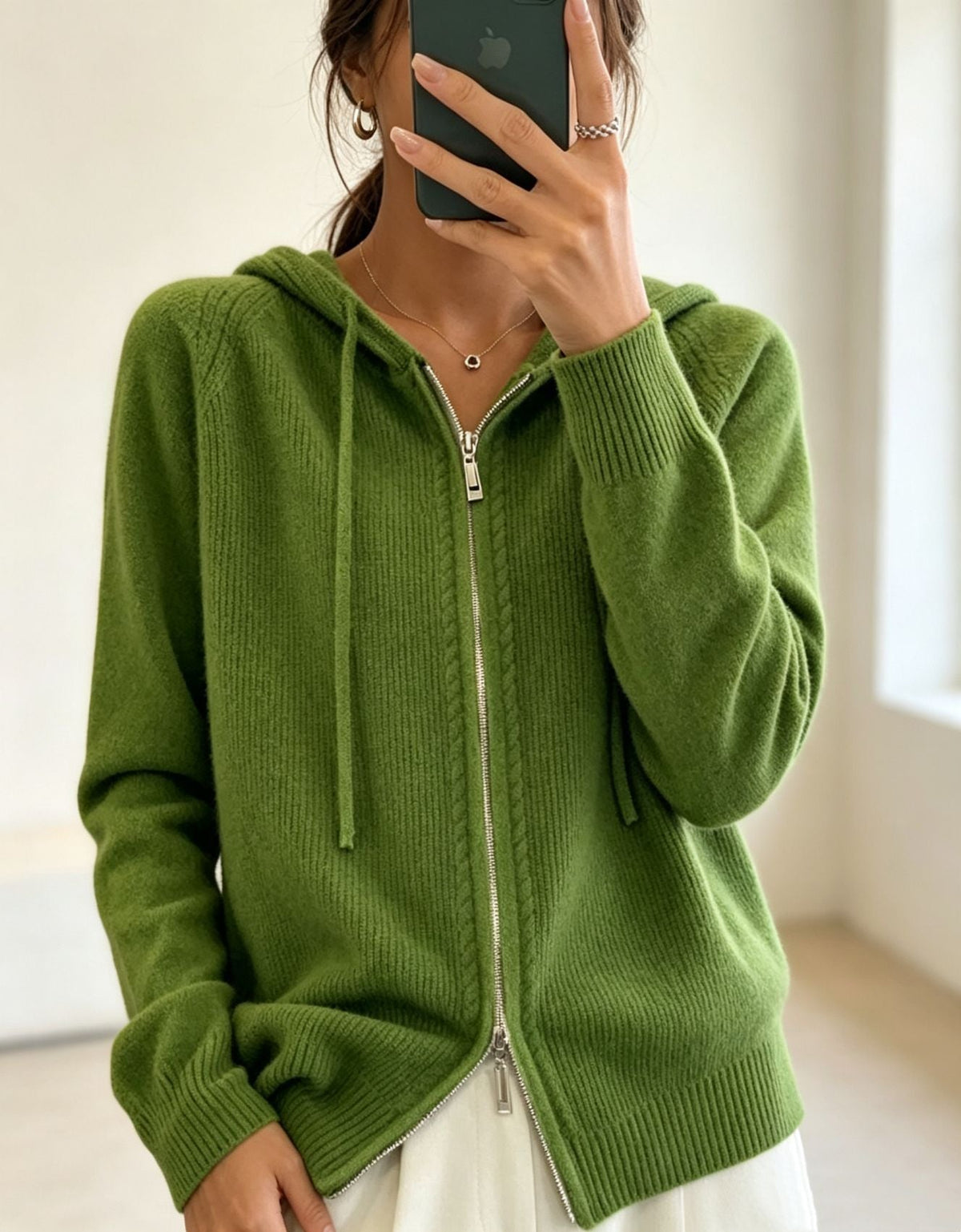 Women's Fine Knit Zip-Up Hooded Cardigan with Ribbed Cuffs