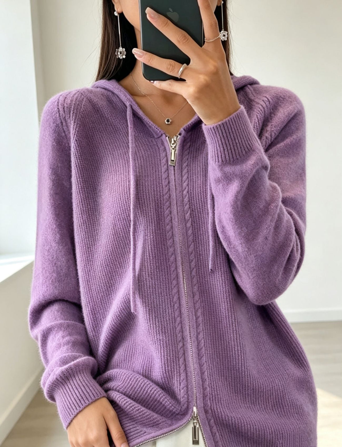 Women's Fine Knit Zip-Up Hooded Cardigan with Ribbed Cuffs