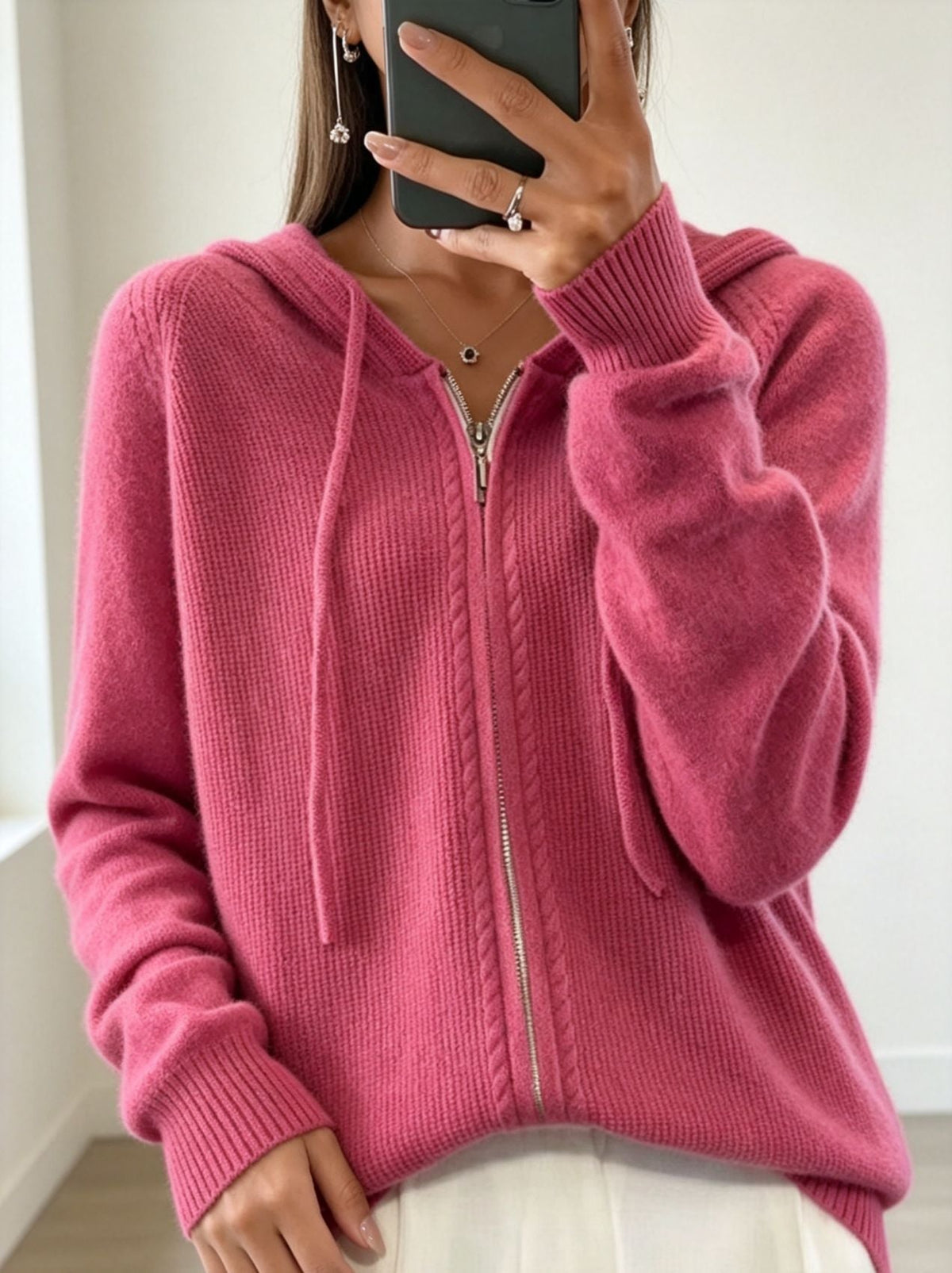 Women's Fine Knit Zip-Up Hooded Cardigan with Ribbed Cuffs