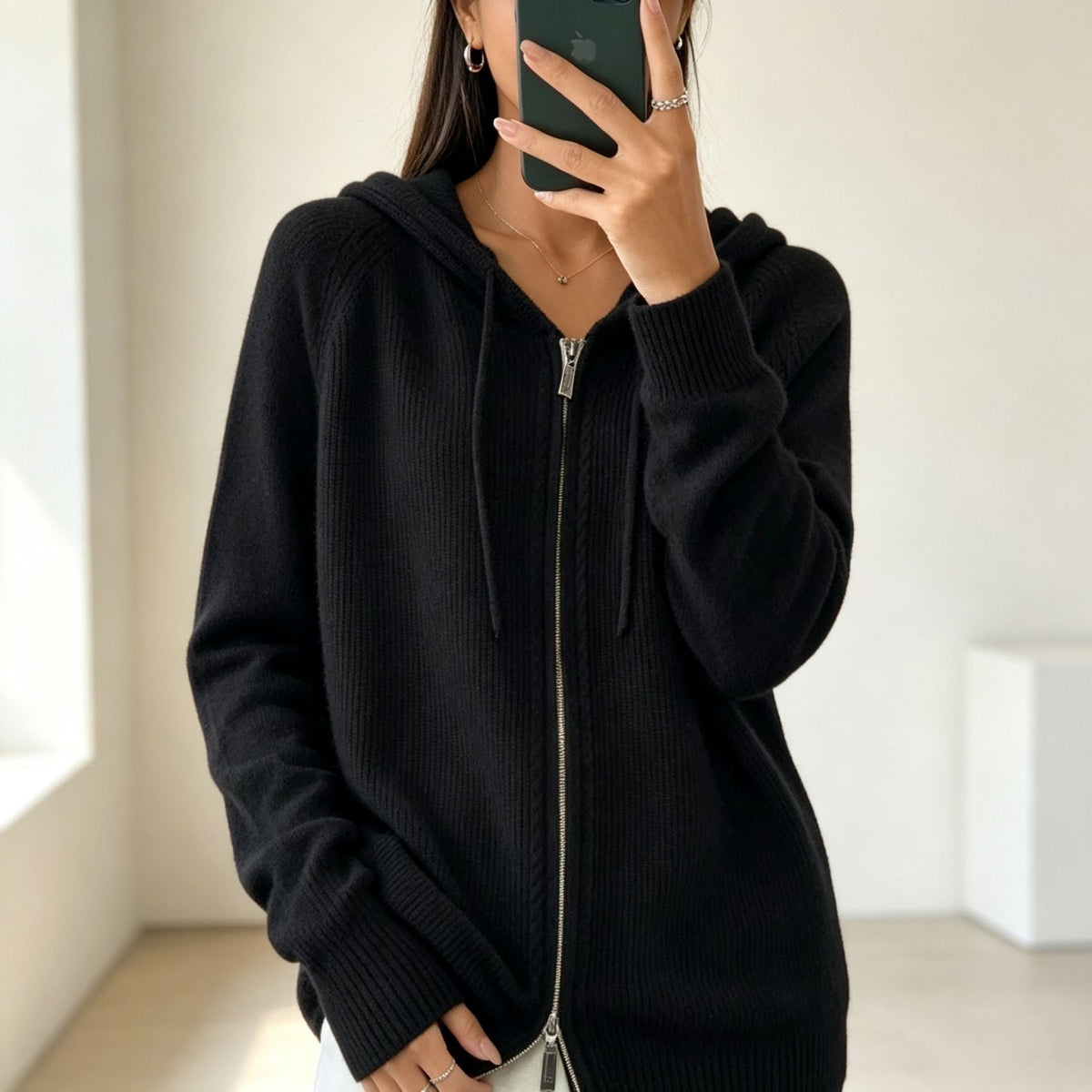 Women's Fine Knit Zip-Up Hooded Cardigan with Ribbed Cuffs