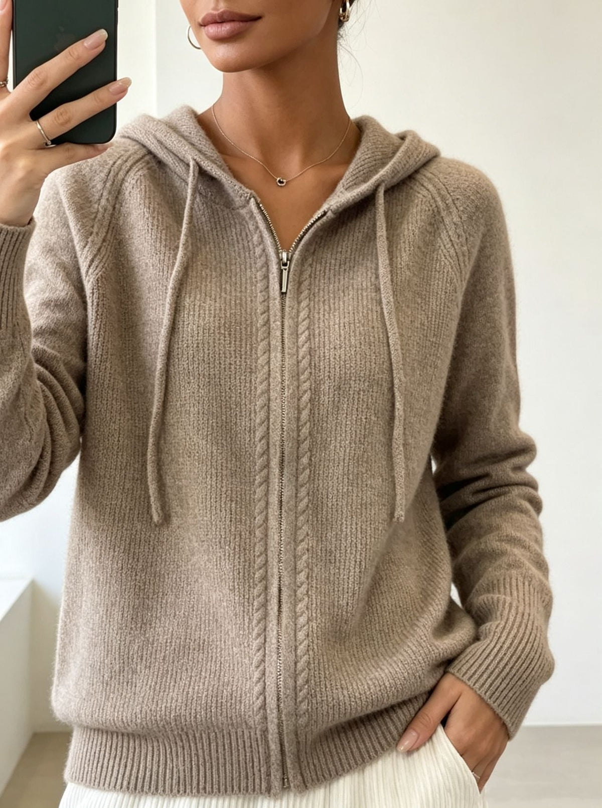 Women's Fine Knit Zip-Up Hooded Cardigan with Ribbed Cuffs