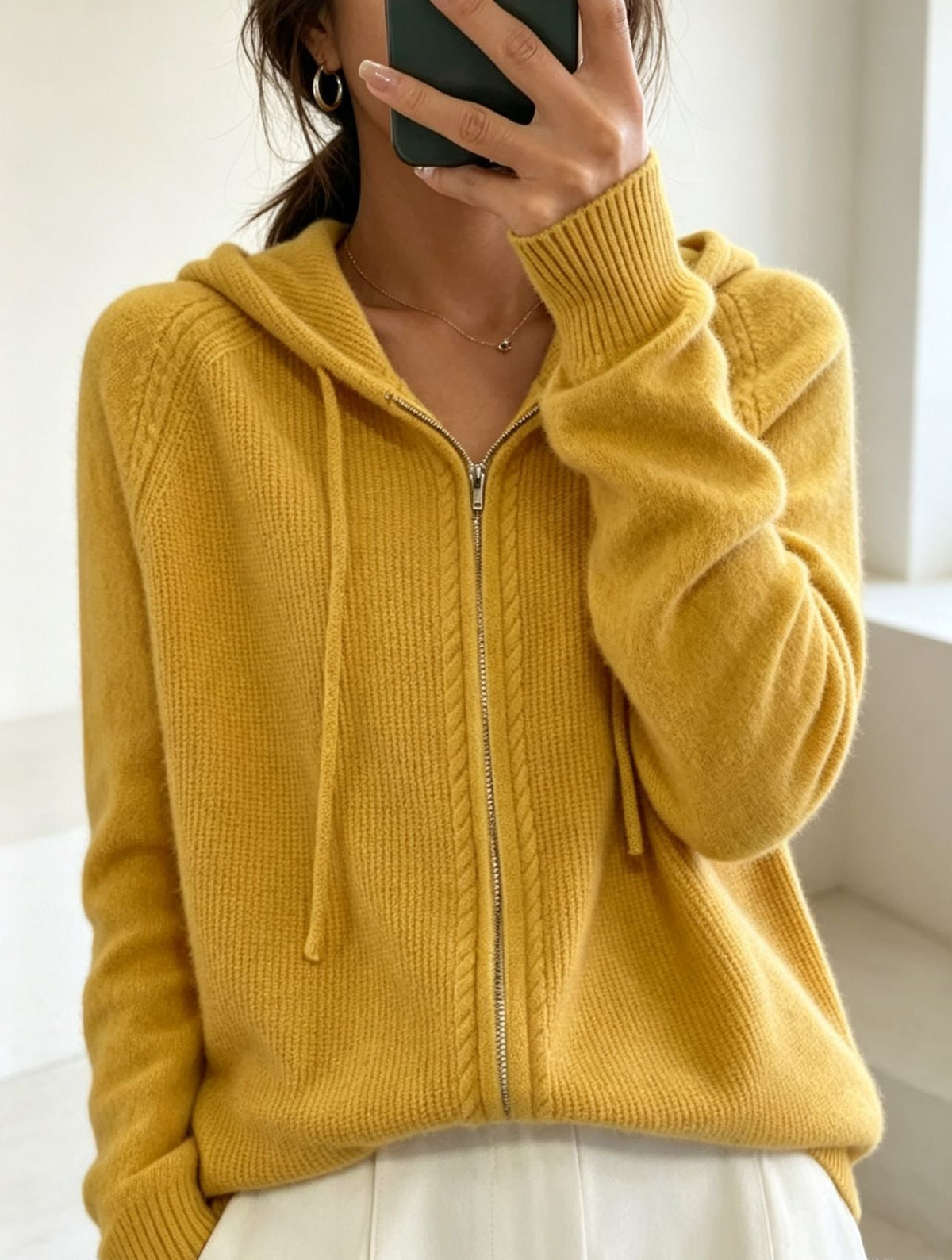 Women's Fine Knit Zip-Up Hooded Cardigan with Ribbed Cuffs