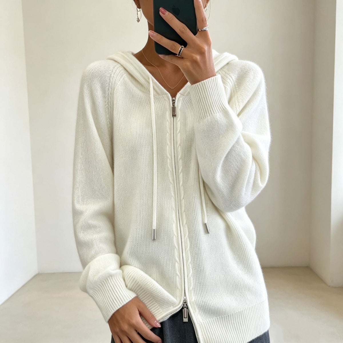 Women's Fine Knit Zip-Up Hooded Cardigan with Ribbed Cuffs