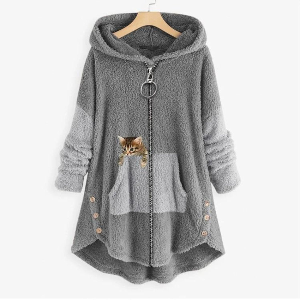 Women's Fleece Zip-Up Hooded Plush Coat with Cat Pocket