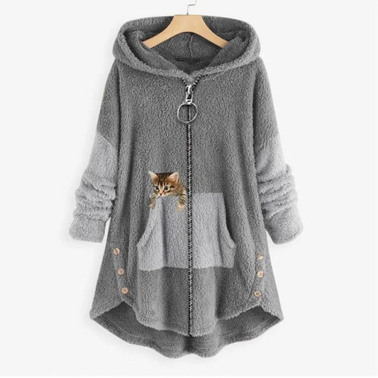 Women's Fleece Zip-Up Hooded Plush Coat with Cat Pocket