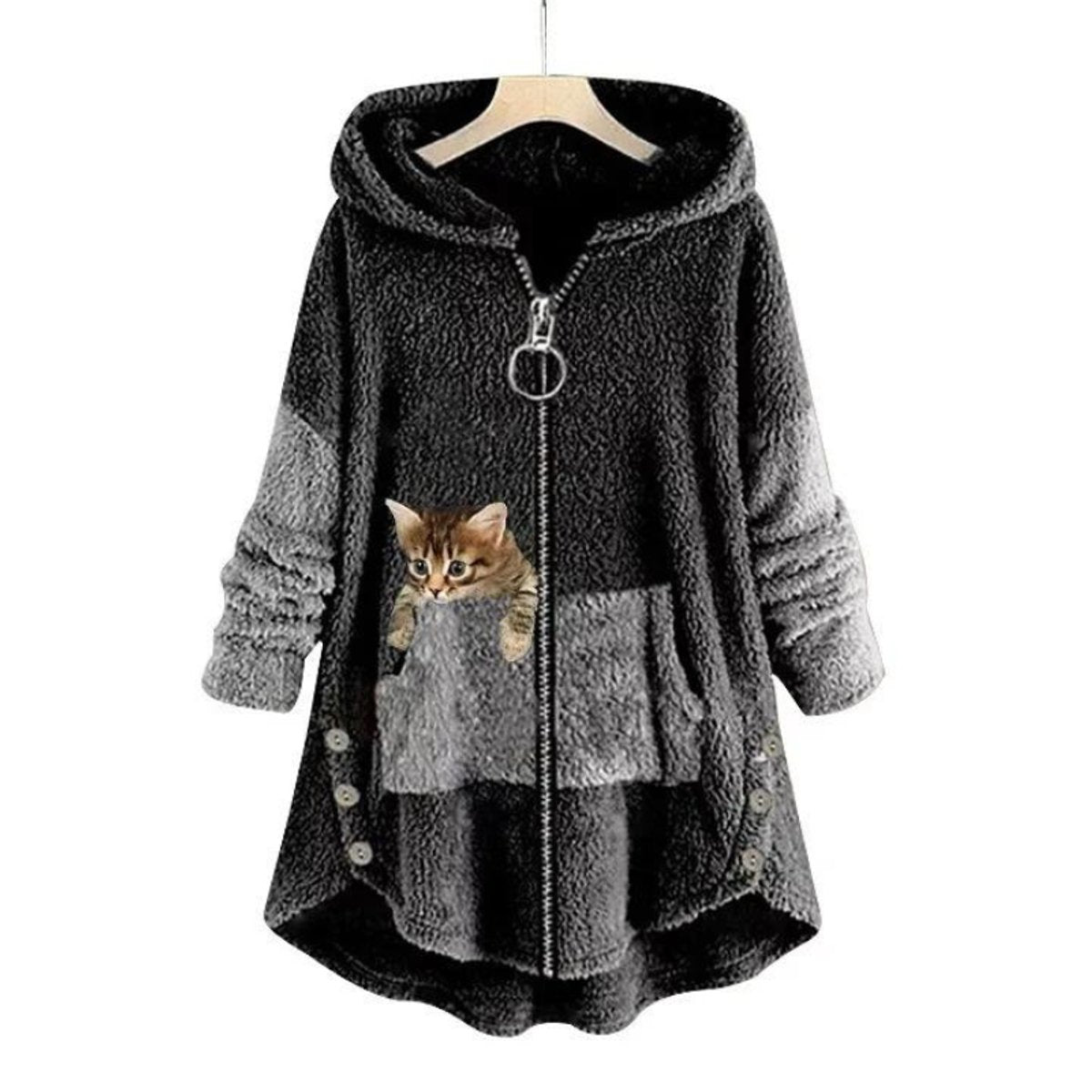 Women's Fleece Zip-Up Hooded Plush Coat with Cat Pocket