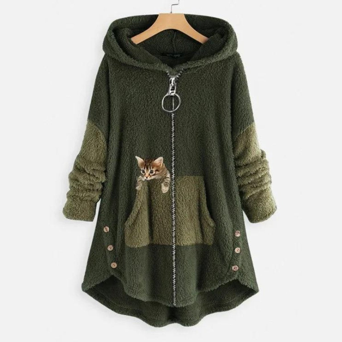 Women's Fleece Zip-Up Hooded Plush Coat with Cat Pocket