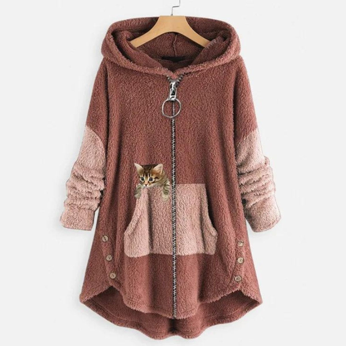 Women's Fleece Zip-Up Hooded Plush Coat with Cat Pocket