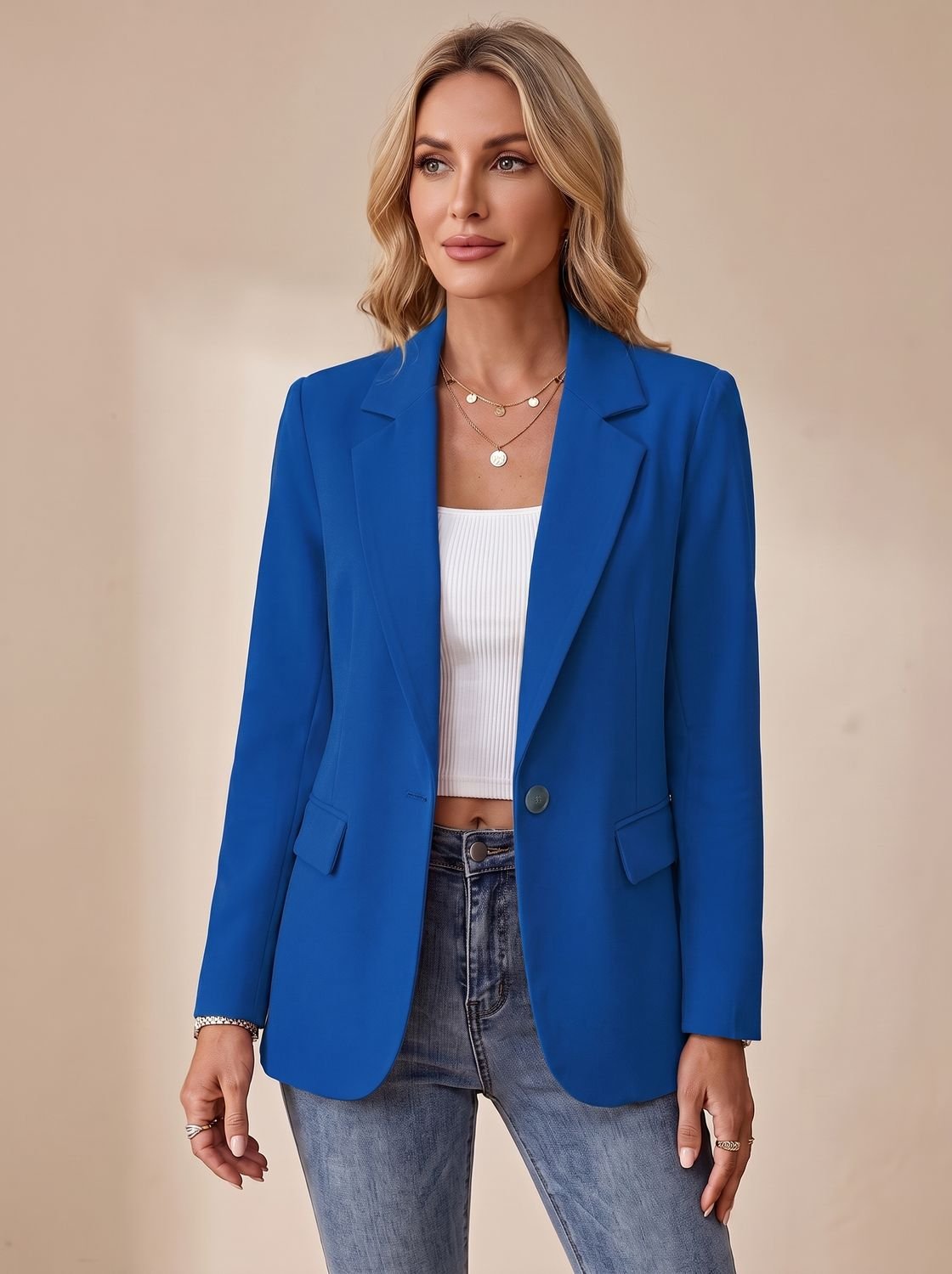 Women's Formal Structured Single-Button Office Blazer Jacket