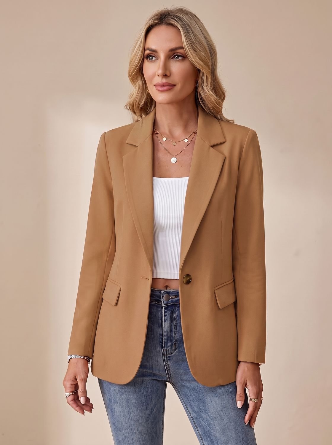 Women's Formal Structured Single-Button Office Blazer Jacket