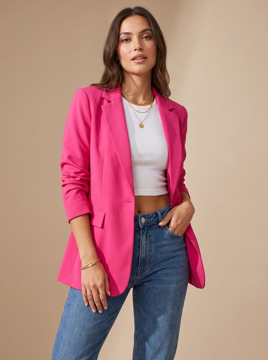 Women's Formal Structured Single-Button Office Blazer Jacket