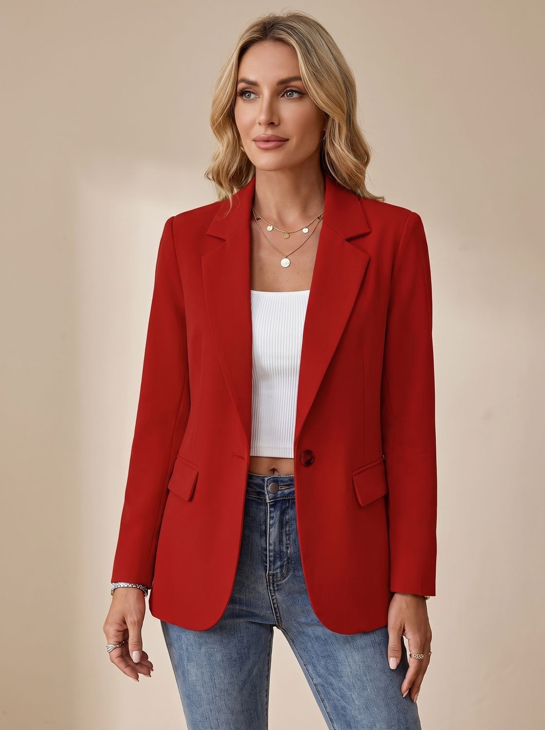 Women's Formal Structured Single-Button Office Blazer Jacket