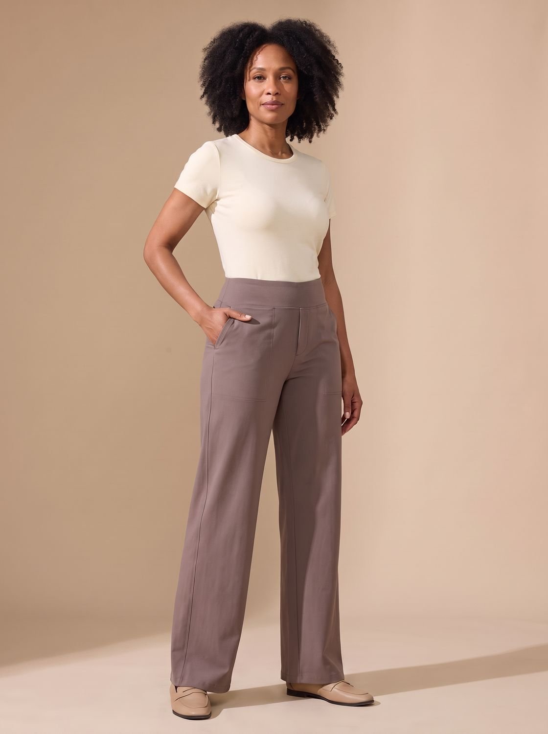 Women's High-Waisted Wide-Leg Stretch Pants with Pockets