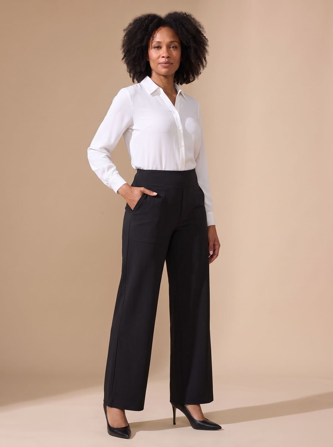 Women's High-Waisted Wide-Leg Stretch Pants with Pockets