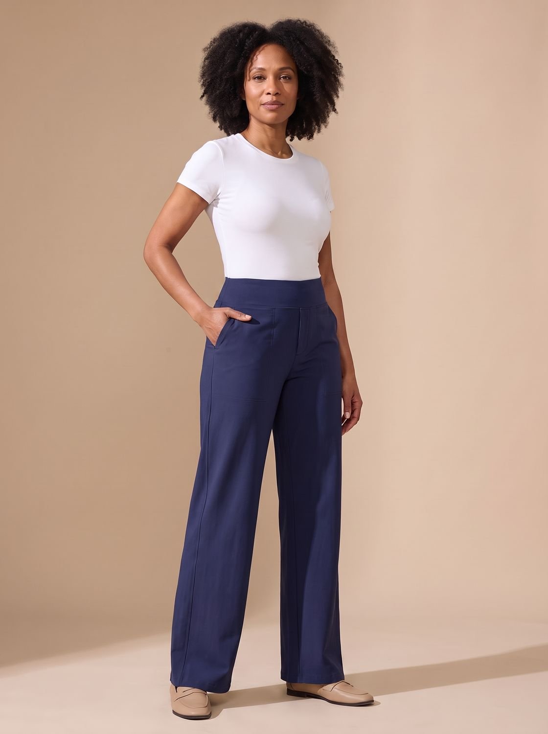 Women's High-Waisted Wide-Leg Stretch Pants with Pockets