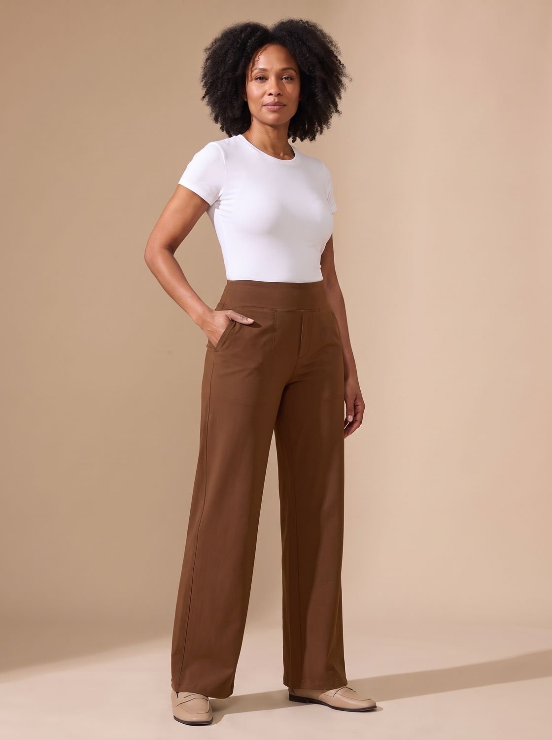 Women's High-Waisted Wide-Leg Stretch Pants with Pockets