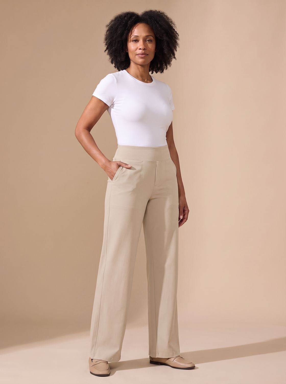 Women's High-Waisted Wide-Leg Stretch Pants with Pockets