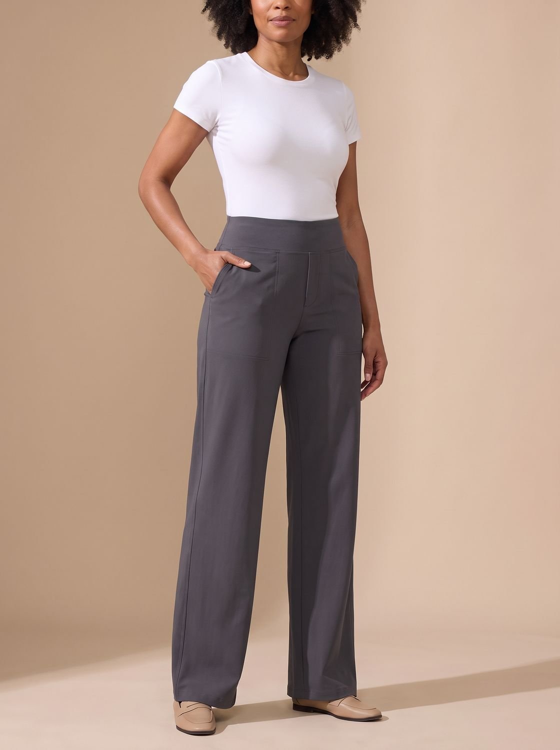 Women's High-Waisted Wide-Leg Stretch Pants with Pockets
